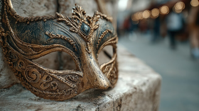 A graceful traditional Venetian mask lies on a stone parapet against a blurred background of an empty street in Venice, bokeh effect, beautiful soft daylight, copyspace, Venice carnival, masquerade