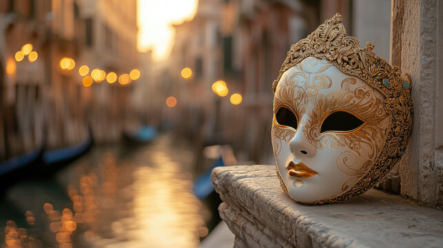 A graceful traditional Venetian mask lies on a stone parapet against a blurred background of an empty street in Venice, bokeh effect, beautiful soft daylight, copyspace, Venice carnival, masquerade