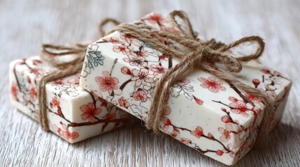 Two floral patterned soaps tied with twine on a light wood surface