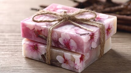 Two floral soaps tied with twine, nestled on wood, hinting at natural ingredients
