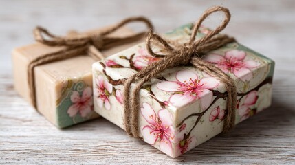 Two decorative soaps tied with twine; one floral, the other plain