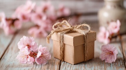 Close-up of a small, rustic gift box tied with twine, adorned with pink blossoms