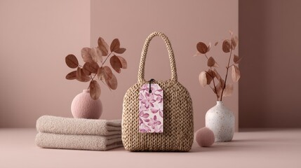 Woven handbag with floral tag, plants in vases, towels, and decorative sphere