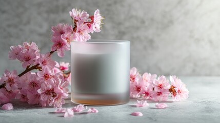 A candle in a frosted glass rests near branches laden with pink blossoms on a concrete surface