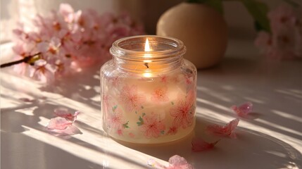 Lit floral candle with soft sunlight, blossoms, and a vase on a white surface