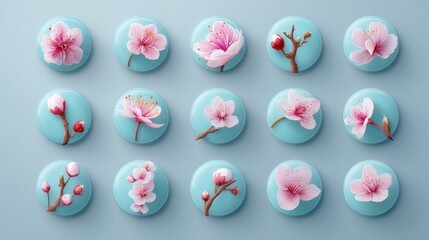 Fifteen macarons, each topped with a delicate pink cherry blossom, sit on a blue surface