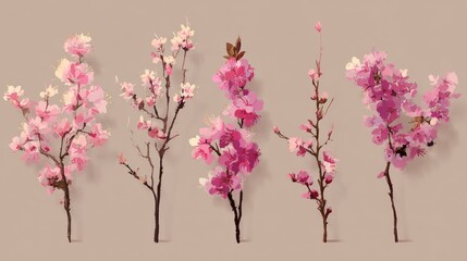 Illustration of five delicate cherry blossom branches with varying floral density