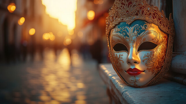 A graceful traditional Venetian mask lies on a stone parapet against a blurred background of an empty street in Venice, bokeh effect, beautiful soft daylight, copyspace, Venice carnival, masquerade