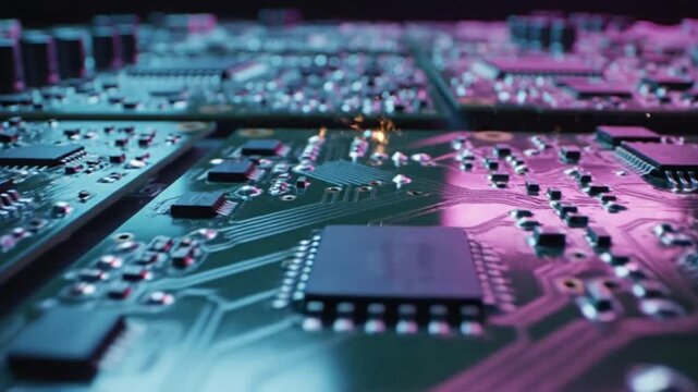 Close-up view of a complex circuit board with microchips and components in a technological environment