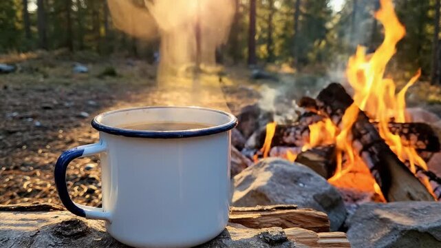 Steaming coffee cup on rocks beside a forest campfire with people in the background