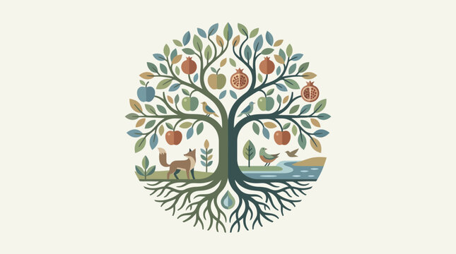 Vibrant tree of life with animals and fruits in nature
