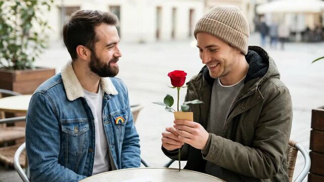 Male couple celebrating Valentine's Day. Two men in love exchanging gift on special occasion. Romantic date and relationship concept.	