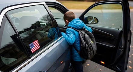 Obraz premium Image of a young student boarding the automobile, carrying backpack in the afternoon