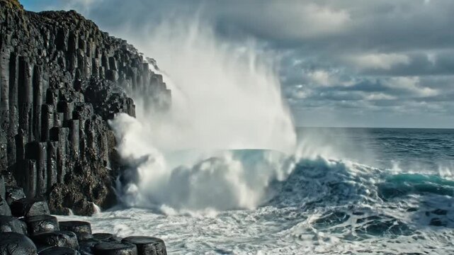Powerful ocean waves crash against rugged rocky cliffs in a dramatic seascape viewed from a low angle on a stormy day