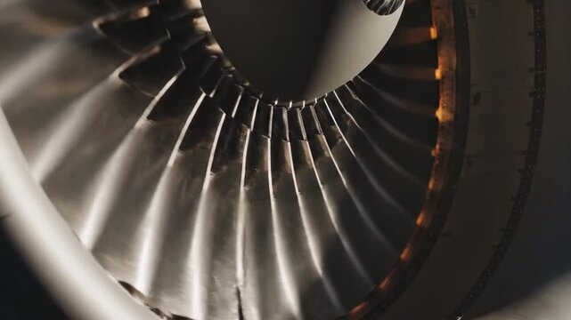 Cinematic close up of aircraft jet engine turbine in motion high speed rotation metallic blades with reflective texture engineered precision dramatic lighting emphasizing curvature and depth subtle he