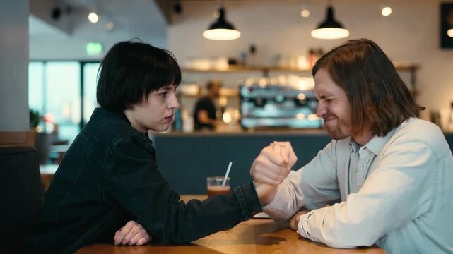 Young Couple's Arm Wrestling Challenge In Cafe