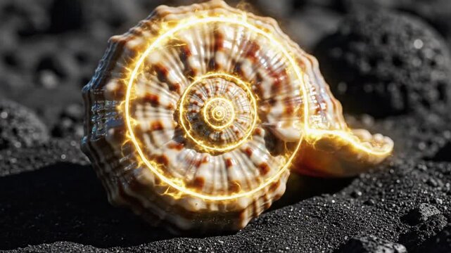 A seashell glows with golden light on a dark rocky surface, viewed from the side in a dramatic close-up