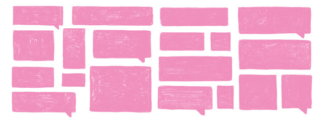 Fototapeta na wymiar Pastel colored box frames with crayon textures. Set of pink hand-drawn square and rectangular chalk-style speech bubbles