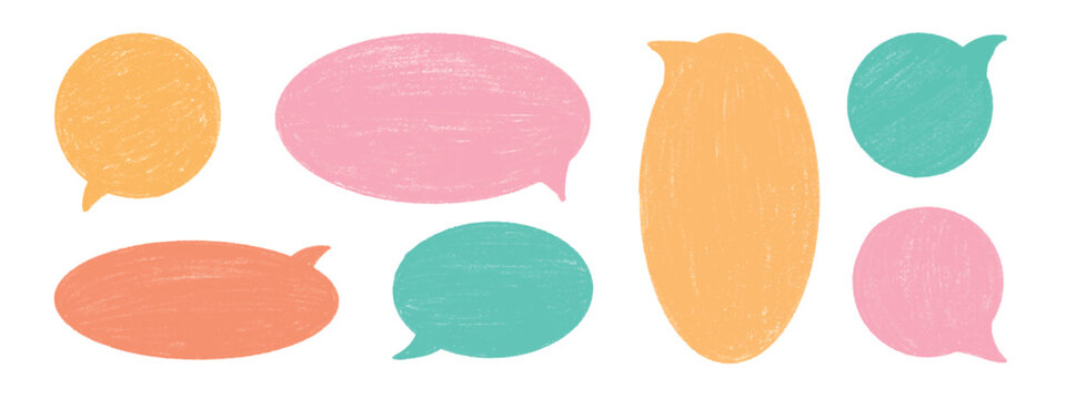 Colorful crayon doodle frames and pastel boxes. Cute childish speech bubbles with pencil scribbles texture, and playful chalk-style borders