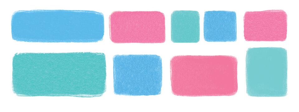 Colorful box frames in crayon or pencil scribble style. Set of pastel hand-drawn square and rectangular borders