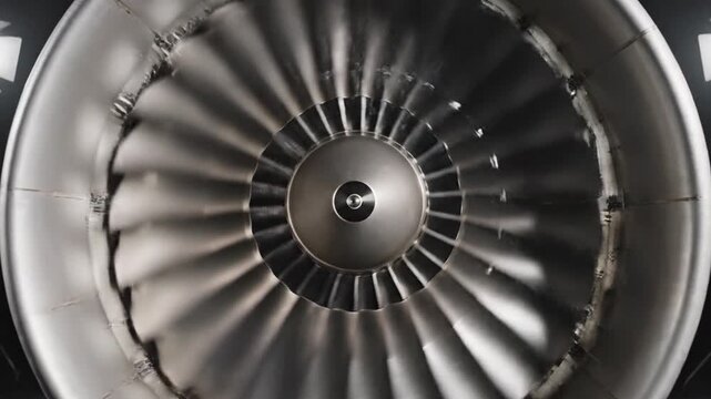Professional aviation footage of jet engine turbine spinning smoothly metallic turbine blades realistic motion blur industrial lighting creating contrast highlights and shadows dark clean studio backg