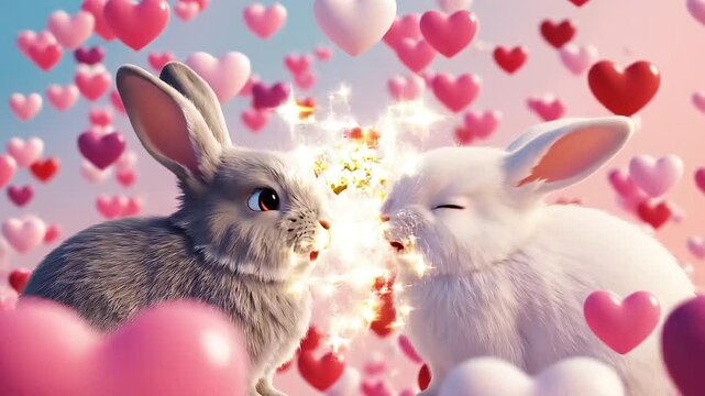 Cute rabbit couple in love with hearts background,Adorable bunnies sharing love with floating hearts hd 4k, HD 4K,Cute animal love concept with rabbits and heart shapes,Valentines day concept with ado
