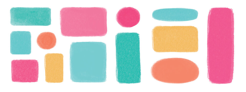 Colorful doodle box frames with crayon chalk-style. Set of hand-drawn sketches featuring chalk textures, pencil outlines, and cute oval stamps for creative projects