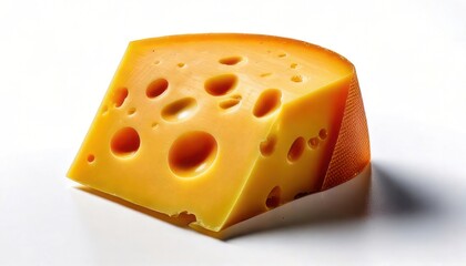 Close-up of a delicious wedge of Swiss cheese with holes on a white background.