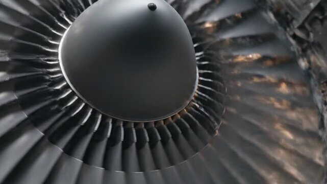 Realistic aerospace engineering video featuring aircraft turbine blades spinning inside jet engine metallic precision design reflective surface smooth rotation subtle heat distortion airflow visual ef