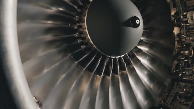 Ultra realistic industrial aviation footage showing jet engine turbine blades rotating at high speed metallic surfaces reflective highlights strong shadow contrast subtle heat shimmer cinematic lighti