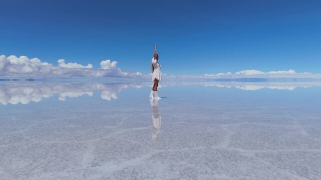 A woman points at the sky and walks on the expansive Salar de Uyuni salt flats in Bolivia, under a clear blue sky