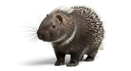 Fototapeta premium Small hedgehog isolated on white background, details of quills and fur are clearly visible, concept of wildlife, mammals, exotic fauna and natural elements.