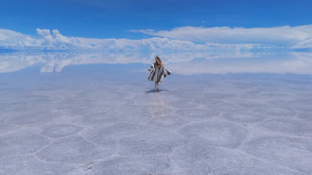 A woman running across the expansive Salar de Uyuni salt flats in Bolivia, capturing the serene beauty of the world's largest salt flat under a clear blue sky