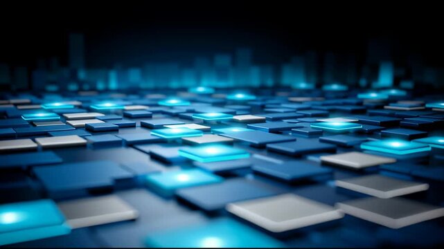 Ai training process model concept with glowing blue digital tile and square chip surface, abstract technology background with futuristic depth field