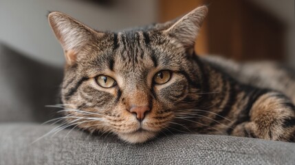 Naklejka premium Tabby cat lounging on gray couch with relaxed expression showcasing striking patterns and features of feline beauty in warm indoor setting.