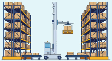 Warehouse Forklift Truck Lifting Cargo Boxes.