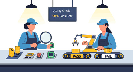 Women Inspecting Products on Assembly Line with Robot.