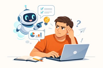modern illustration depicts a male, hovering AI assistant character points at charts and bulbs, suggesting ideas