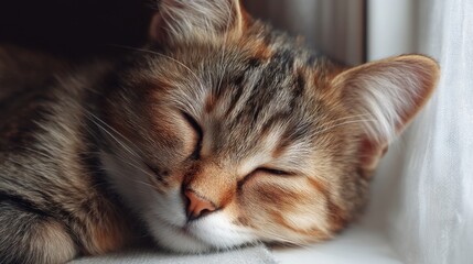 Fototapeta premium Cute sleepy kitten resting peacefully on the windowsill, enjoying the warm sunlight streaming through the curtains in a cozy indoor environment.