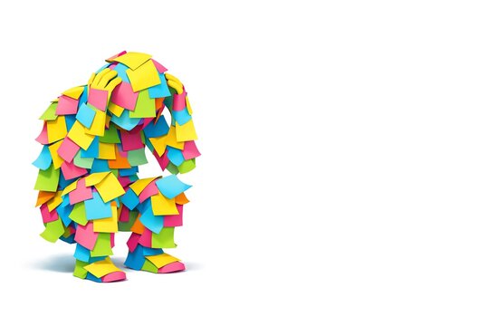 person is covered in colorful sticky notes, crouching with their hands on their head stressed out, white background