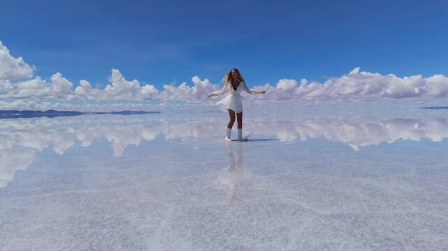 A woman gracefully walks across the expansive Salar de Uyuni salt flats in Bolivia, her white dress contrasting against the shimmering water surface