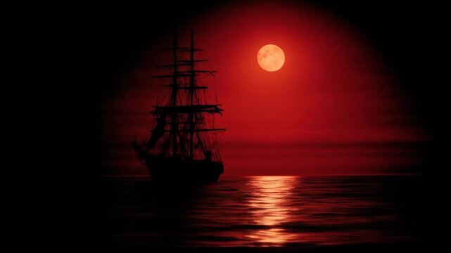 Silhouette of sailing vessel under red sky and full moon
