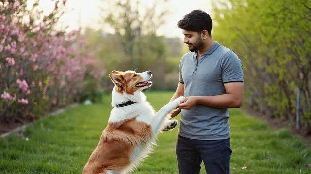 A man is petting a dog