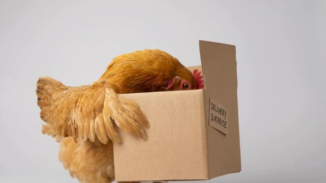 Playful chicken explores cardboard box in clean studio setting for fun and humor