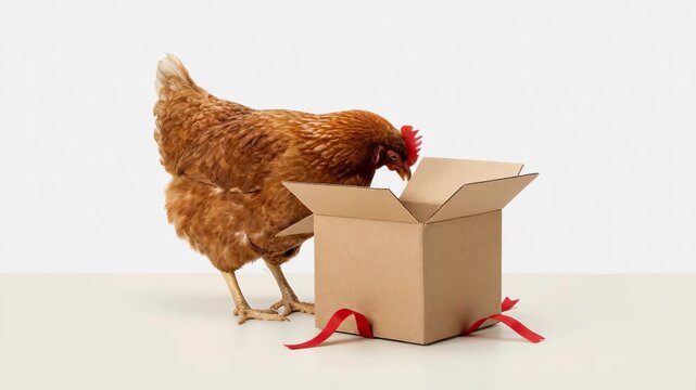 Playful chicken explores cardboard box in clean studio setting for fun celebration moments