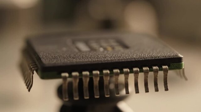 Close up microchip detailed view of processor pins.