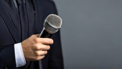 Close-up of a person in a suit holding a microphone, ready to speak at an event.