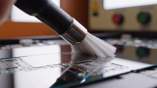 Close Up Soldering Of Circuit Board During PCB Assembly Process.