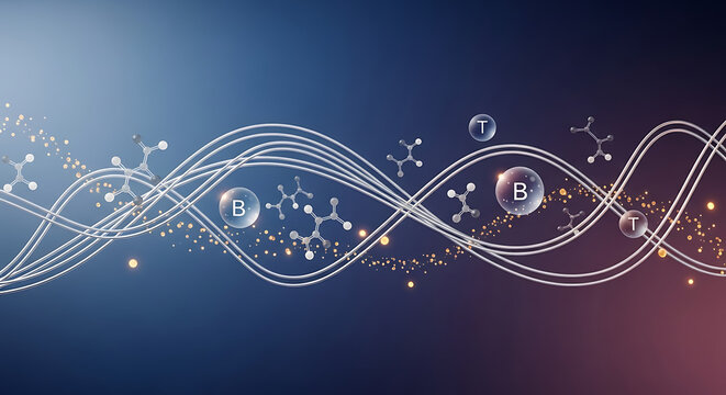 Abstract scientific background with molecular structures, DNA-like waves, and vitamin B bubbles, illustrating biological research and health concepts.