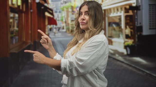 Woman points both index fingers left on a narrow cobbled street storefront, wearing white shirt and casual pose; confidence guidance.